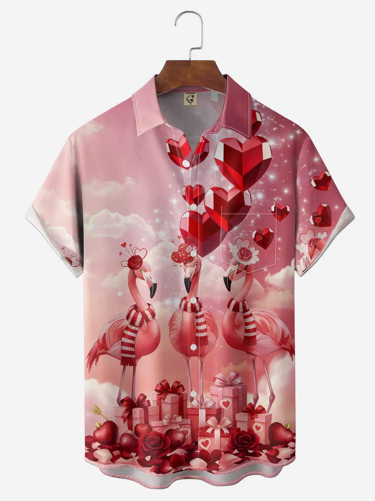 Moisture-wicking Valentine's Day Flamingo Heart Chest Pocket Casual Shirt