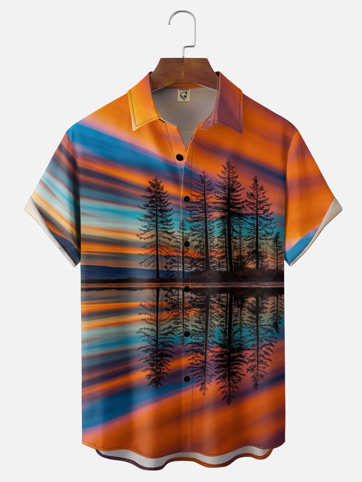 Moisture Wicking Gradient Abstract Fiery Clouds Lakeside Scenery Chest Pocket Holiday Shirt
