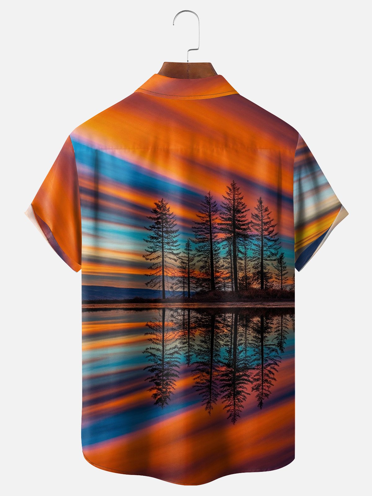 Moisture Wicking Gradient Abstract Fiery Clouds Lakeside Scenery Chest Pocket Holiday Shirt
