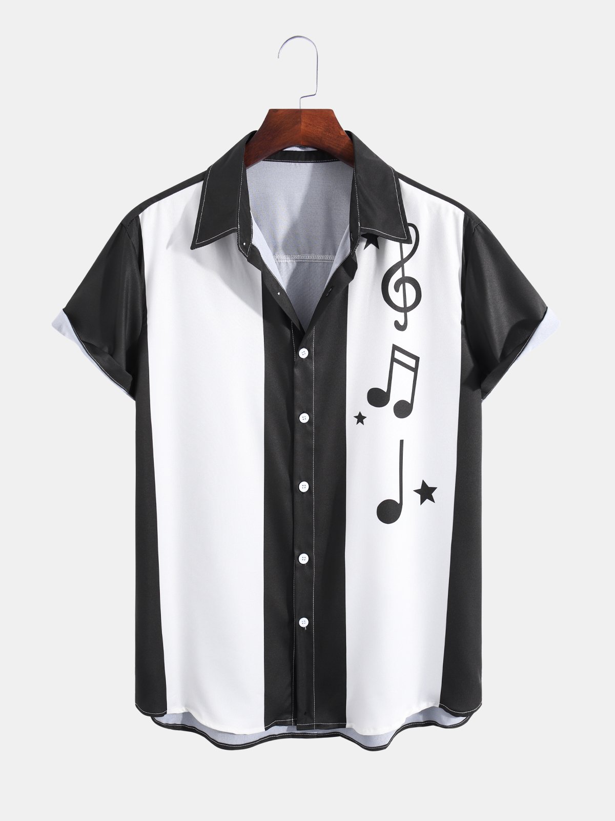 Mens Music Note Print Casual Breathable Loose Short Sleeve Bowling Shirts