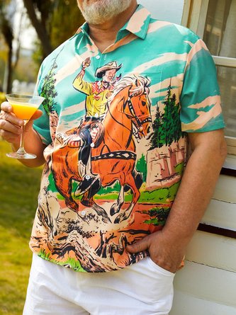 Big Size Western Cowboy Chest Pocket Short Sleeve Casual Shirt