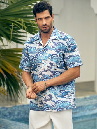 Hardaddy®Cotton Ukiyo-e Wave Chest Pocket Aloha Shirt