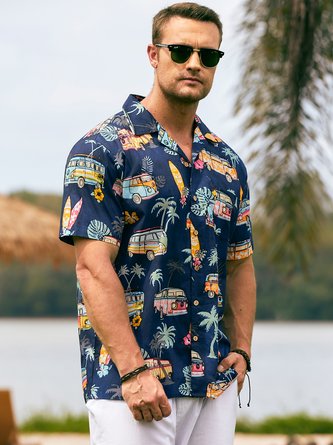Hardaddy® Cotton Car Coconut Tree Chest Pocket Aloha Shirt