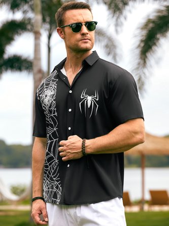 Mens Halloween Spider Print Front Buttons Soft Breathable Casual Hawaiian Shirt