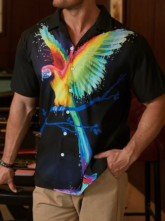 Hardaddy® Cotton Parrots Print Chest Pocket Short Sleeve Aloha Shirt