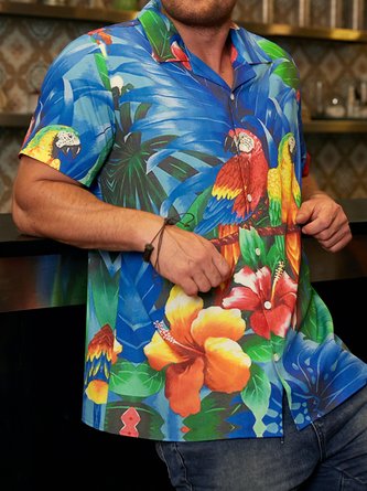 Mens Fancy Hawaiian Floral Parrots Print Casual Short Sleeve Aloha Shirt