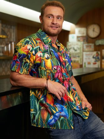 Mens Parrot Print Retro Breathable Hawaiian Shirt