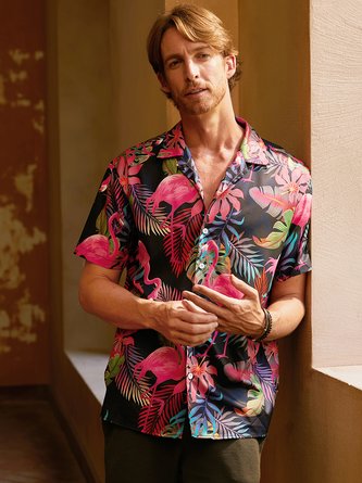 Men's Botanical Flamingo Print Casual Short Sleeve Hawaiian Shirt