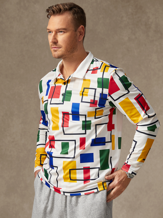 Geometric Color Block Drawing Buttons Long Sleeves Casual Polo Shirt
