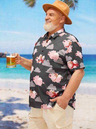 Big Size  Fun Flying Pig Chest Pocket Short Sleeve Hawaiian Shirt