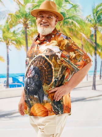 Big Size Thanksgiving Turkey Chest Pocket Short Sleeve Hawaiian Shirt