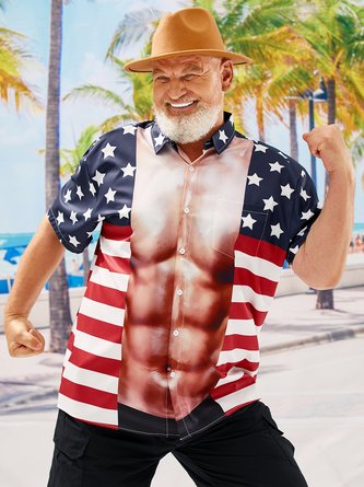 Big Size American Flag Muscle Chest Pocket Short Sleeve Casual Shirt