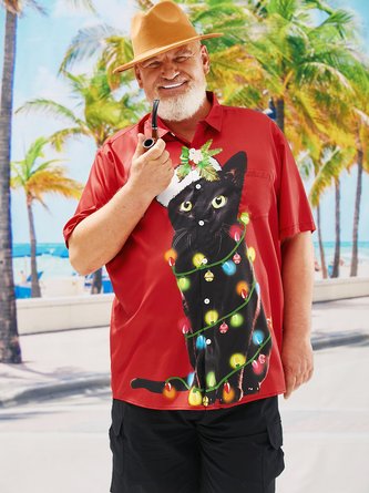 Big Size Christmas Black Cat Chest Pocket Short Sleeve Casual Shirt