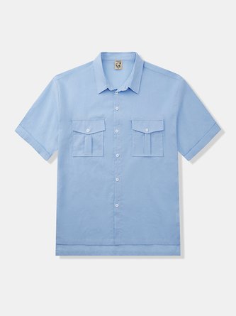Cotton Plain Box Pleated Short Sleeve Casual Shirt