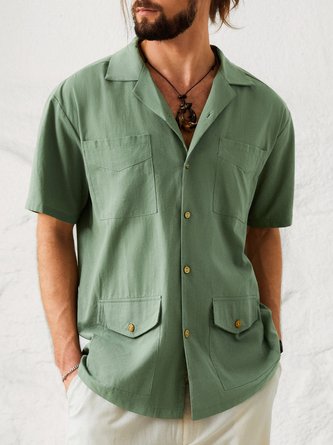 NET color pocket short sleeve shirt, casual style cotton shirt with lapel.