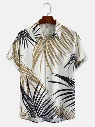 Men's Leaf Print Moisture Wicking Fabric Trendy Lapel Short Sleeve Shirt