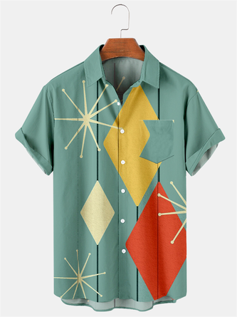 Geo Print Shirt Diamond Shape Collar Vintage Shorts Sleeve Up To 4XLT Shirt