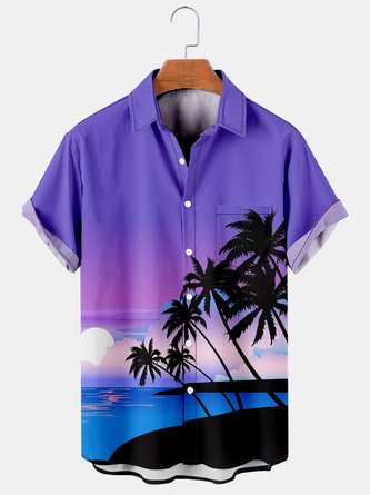 Mens Coconut Tree Print Casual Breathable Chest Pocket Short Sleeve Hawaiian Shirt