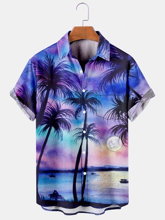 Mens Coconut Tree Sunset Print Casual Breathable Chest Pocket Short Sleeve Hawaiian Shirt