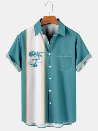Resort Style Hawaiian Series Coconut Tree Element Lapel Short-Sleeved Printed Shirt Top