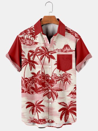 Mens Coconut Tree Print Lapel Loose Chest Pocket Short Sleeve Funky Hawaiian Shirts