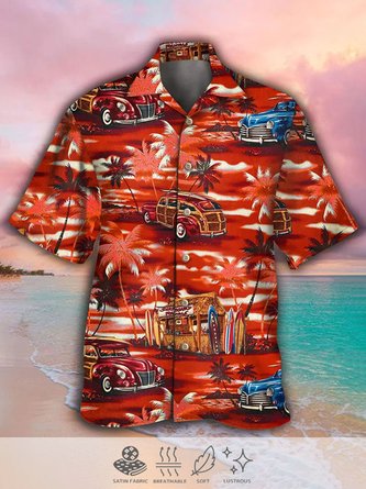 Mens Car Coconut Tree Surf Print Casual Breathable Hawaiian Short Sleeve Shirt