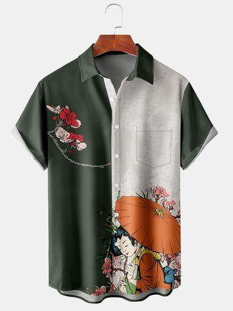 Traditional Figure Graphic Men's Casual Chest Pocket Short Sleeve Shirt