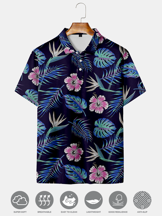 Resort-Style Hawaiian Collection Of Plant Leaves And Floral Elements Lapel Short-Sleeved Polo Print Top