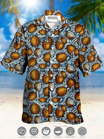 Men's Coconut Print Casual Moisture Absorbent Breathable Fabric Hawaiian Short Sleeve Shirt