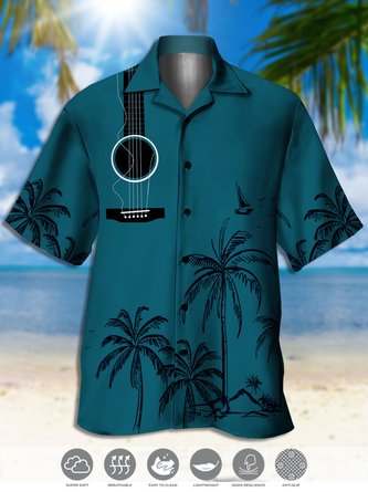 Men's Music Guitar Print Casual Breathable Fabric Hawaiian Short Sleeve Shirt
