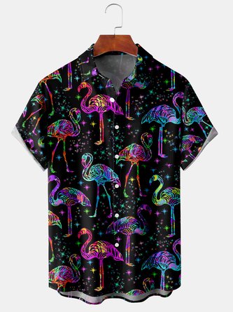 Mens Hawaiian Tropical Flamingo Print Lapel Loose Chest Pocket Short Sleeve Funky Aloha Shirts