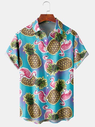 Pineapple & Flamingo Graphic Men's Casual Chest Pocket Short Sleeve Hawaiian Shirt