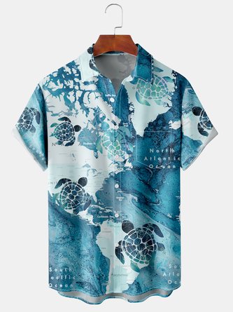 Mens Map Sea Turtles Print Lapel Loose Chest Pocket Short Sleeve Funky Hawaiian Shirts