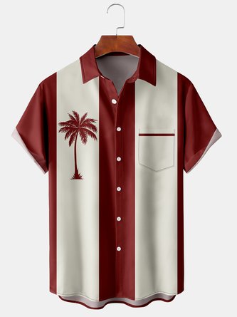 Shirts For Father Mens Retro Coconut Tree Print Lapel Loose Chest Pocket Short Sleeve Funky Bowling Shirt