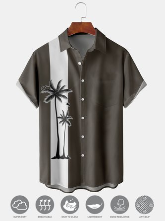 Men's Coconut Tree Print Moisture Wicking Fabric Fashion Hawaiian Lapel Short Sleeve Shirts