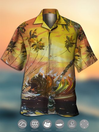 Men's Botanical Oil Painting Print Moisture Wicking Fabric Trendy Hawaiian Collar Short Sleeve Shirt