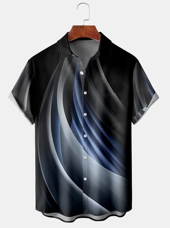 Men's Black Grey 3D Geometric Line Print Casual Breathable Pocket Short Sleeve Shirt