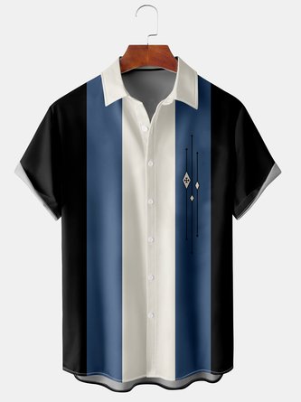 Mens Retro Geo Print Lapel Loose Short Sleeve Bowling Shirt