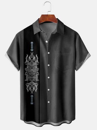 Resort-Style Hawaiian Striped Geometric TIKI Element Pattern Lapel Short-Sleeved Shirt Print Top