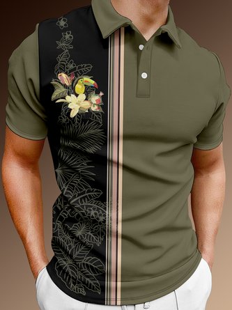 Resort Style Hawaiian Series Striped Geometric Plants, Flowers, Leaves And Toucan Elements Pattern Lapel Short-Sleeved Polo Print Top