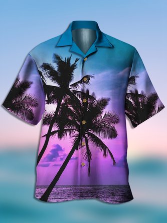 Mens Funky Coconut Tree Print Front Buttons Soft Breathable Loose Casual Aloha Shirts