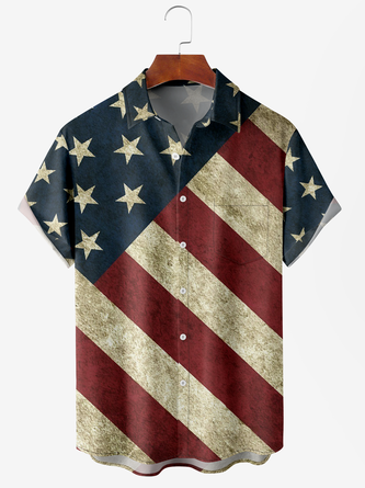 Men's American Flag Print Anti-Wrinkle Moisture Wicking Fabric Fashion Lapel Short Sleeve Shirt