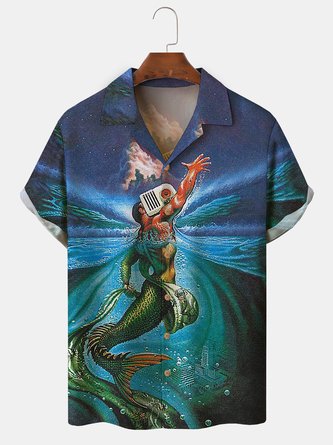 Men's Mermaid Print Casual Fabric Fashion Lapel Short Sleeve Shirt