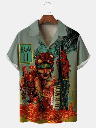 Men's Music Print Casual Fabric Fashion Lapel Short Sleeve Shirts