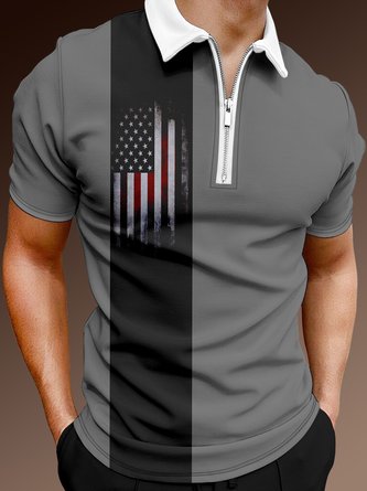 Casual Art Collection Geometric Striped American Flag Pattern Lapel Short Sleeve Polo Print Top