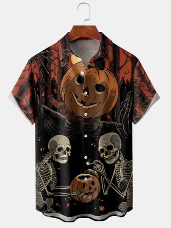Men's Skull Pumpkin Print Short Sleeve Hawaiian Shirt with Chest Pocket