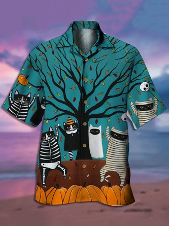 Men's Cat Print Casual Fabric Lapel Short Sleeve Hawaiian Shirt