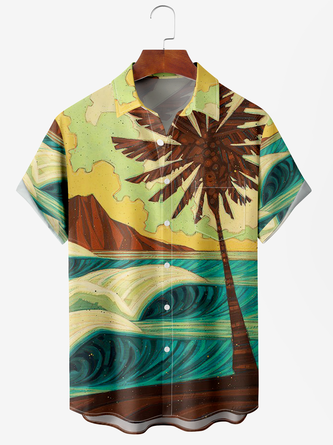 Men's Ocean Coconut Print Anti-Wrinkle Moisture Wicking Fabric Fashion Hawaiian Lapel Short Sleeve Shirt