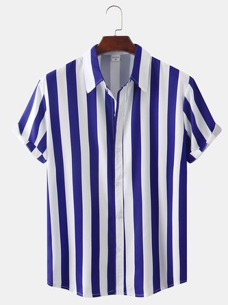 Men Striped Casual Summer No Elasticity Vacation Short sleeve H-Line Shirt Collar Regular Size shirts