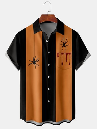Men's Halloween Spider Print Casual Vintage Breathable Short Sleeve Shirt
